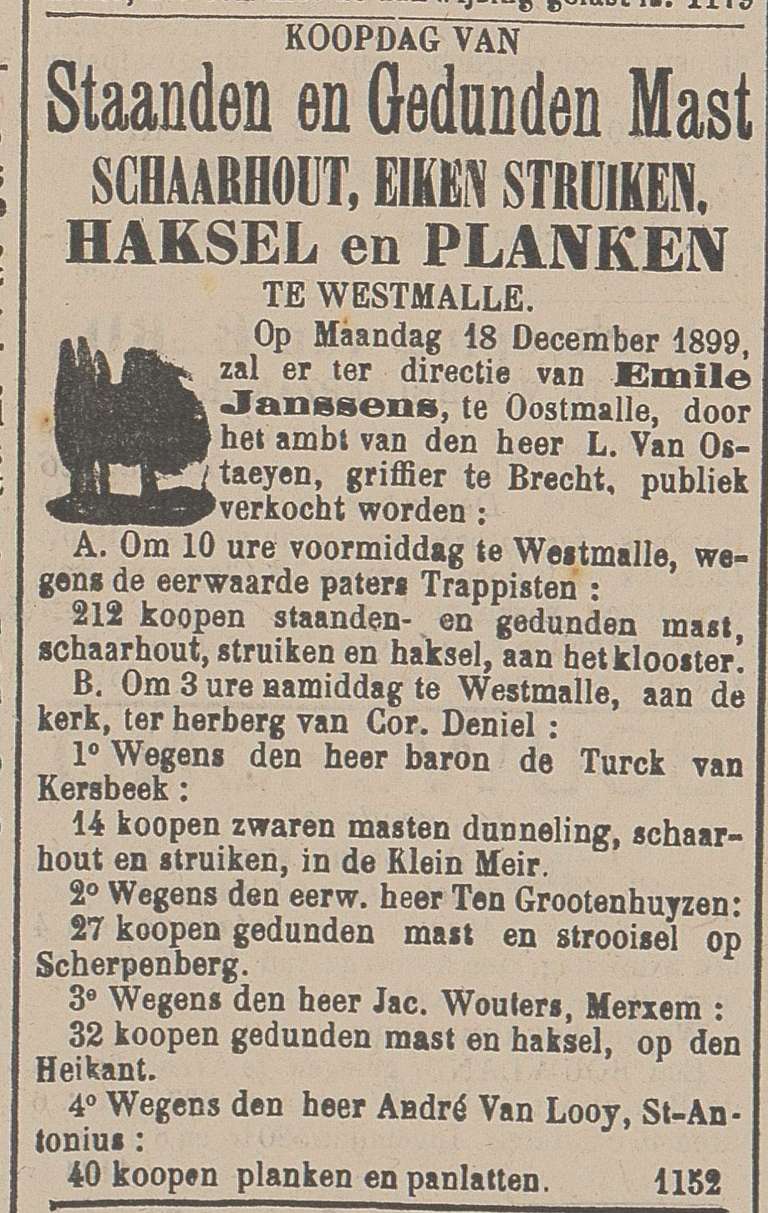 Openbare verkoping van hout (Aankondigingsblad, 16/12/1899, p. 2)